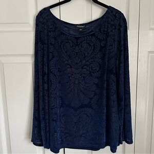 Roz & Ali Top Womens XL Blue Burnout Velvet Long Sleeve Event Boho Whimsigoth